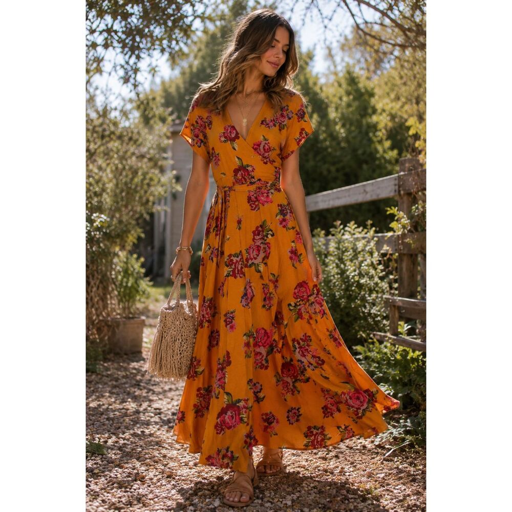 Matilda Jane Mustard Maxi Dress with Pink Floral Print